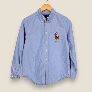 Ralph Lauren Big Pony Oxford Cloth Button Shirt Youth Large 14-16 Blue Brown